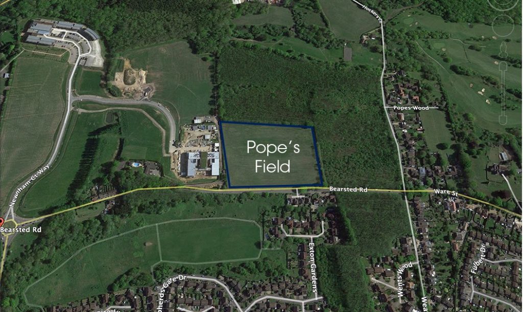 Popes field highlighted on map