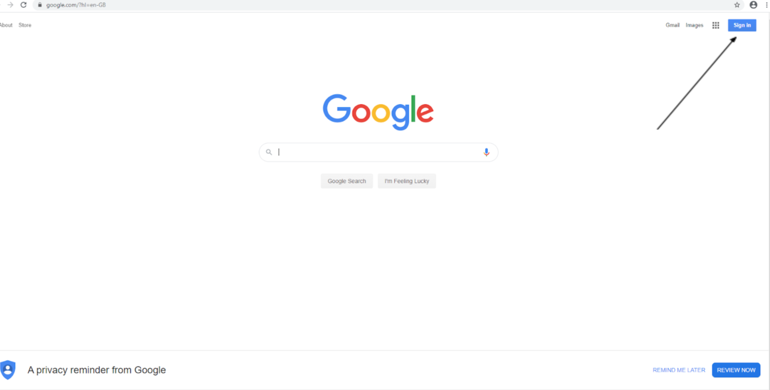 Google Chrome homepage screenshot. With an arrow pointing to the top right corner button "sign in"
