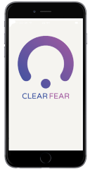 An image of a smartphone with the ClearFear app logo on the screen. The app offers help with anxiety and panic.